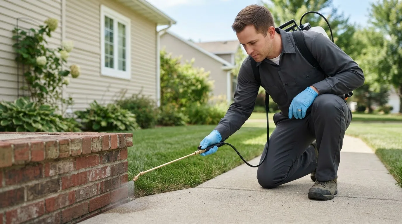 Pest control technician treating a home near Foley, MN